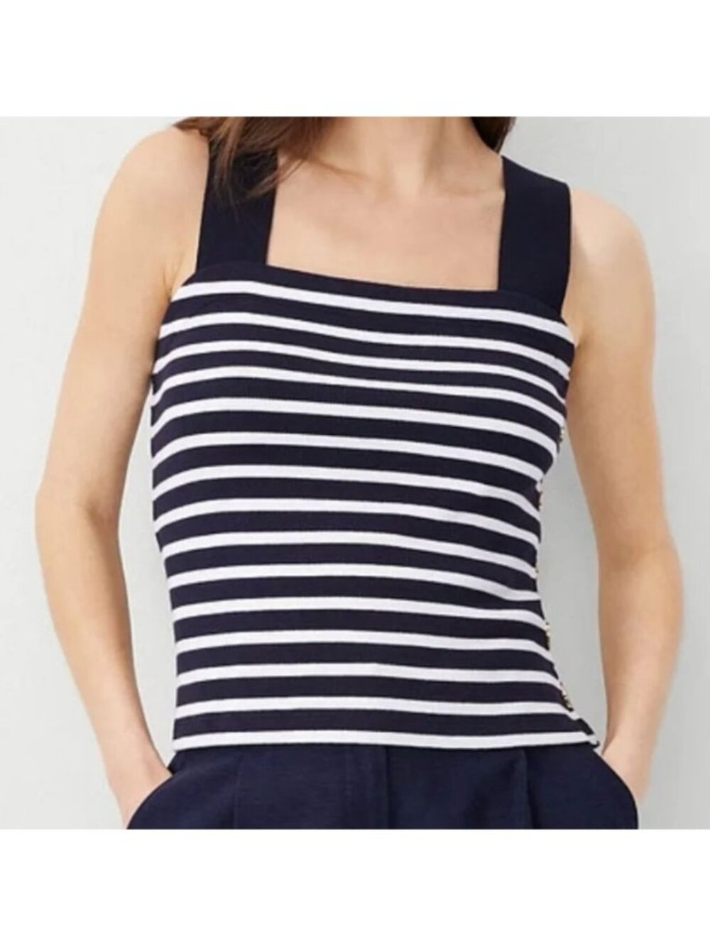 Ann Taylor Knit Sleeveless Navy Blue White Striped Tank Top Size M Gold Buttons